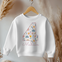 Personalised Name Kids Jumper 4th Birthday Boho Floral Rainbow Clouds Flowers Gift