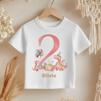 Personalised Name Girls T-Shirt 2nd Birthday Pink Dinosaur Balloons Cake Party for Toddler Gift