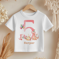 Personalised 5th Birthday Pink Dinosaur Party Number 5 T-Shirt for Girls