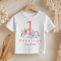 Personalised Name Girls T-Shirt 1st Birthday Pink Unicorn Princess Castle Rainbow Clouds for Kids Gift