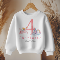 Personalised Name Girls Jumper 4th Birthday Pink Unicorn Princess Castle Rainbow Clouds Script for Kids Gift