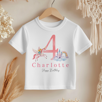 Personalised Name Girls T-Shirt 4th Birthday Unicorn Princess Castle Rainbow Clouds for Kids Gift
