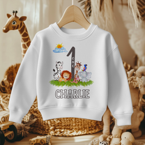 Personalised Name Kids Jumper 1st Birthday Safari Animals Zebra Lion Giraffe Elephant Grass for Toddler Gift