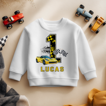 Personalised Name Boys Jumper 1st Birthday Yellow Sports Car Checkered Flag Racing for Kids Gift