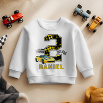 Personalised Name Kids Jumper 2nd Birthday Yellow Racing Car Checkered Flag Number Badge for Toddler Gift