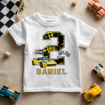 Personalised Name Boys T-Shirt 2nd Birthday Yellow Race Car Checkered Flag Sporty for Toddler Gift
