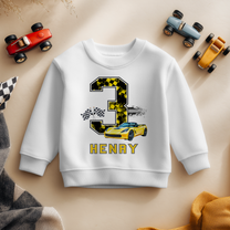 Personalised Name Kids Jumper 3rd Birthday Yellow Sports Car Checkered Flag Racing Stripes Halftone for Toddler Gift