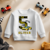 Personalised 5th Birthday Yellow Checkered 5 & Flags Sports Car Sweatshirt for Boys