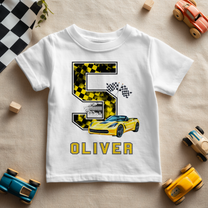 Personalised 5th Birthday Yellow Checkered 5 & Flags Sports Car T-Shirt for Boys