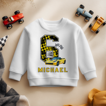 Personalised 6th Birthday Yellow Checkered 6 Race Car Sweatshirt for Boys