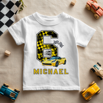Personalised 6th Birthday Yellow Checkered 6 Race Car T-Shirt for Boys