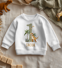Personalised Name Kids Jumper 1st Birthday T-Rex Dinosaur Palm Tree Jungle for Toddler Gift