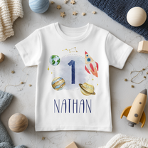 Personalised Name Kids T-Shirt 1st Birthday Rocket Planet Earth Star Constellation for Toddler Gift