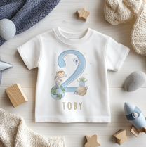Personalised Name Kids T-Shirt 2nd Birthday Astronaut Rocket Planet Stars Celebration Gift