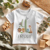 Personalised Name Kids T-Shirt 4th Birthday Safari Lion Tiger Giraffe Elephant Crown Gift Idea