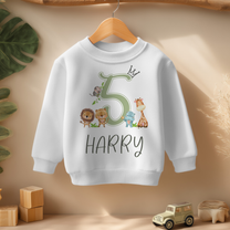 Personalised 5th Birthday Green Crown 5 Safari Animals Sweatshirt for Kids