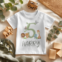 Personalised 5th Birthday Green Crown 5 Safari Animals T-Shirt for Kids