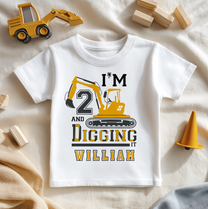 Personalised Name Kids T-Shirt 2nd Birthday I'm 2 and Digging It Excavator Yellow Black Lettering for Toddler Gift