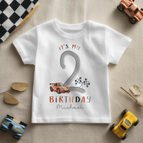 Personalised Name Kids T-Shirt 2nd Birthday Racing Car Checkered Flags Script Lettering for Toddler Gift