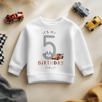 Personalised 5th Birthday Orange Race Car & Checkered Number 5 Sweatshirt for Boys