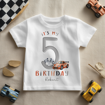 Personalised 5th Birthday Orange Race Car & Checkered Number 5 T-Shirt for Boys