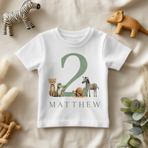Personalised Name Kids T-Shirt 2nd Birthday Safari Leopard Zebra Elephant Tortoise for Toddler Gift