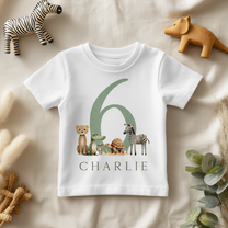 Personalised 6th Birthday Green Number 6 Safari Animals T-Shirt for Kids