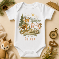 Personalised Hiking Baby Vest Bodysuit, Happy Trails Watercolour Fawn Little Explorer