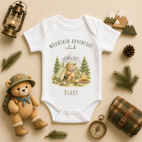 Personalised Camping Baby Vest Bodysuit, Mountain Adventure Club Watercolour Bear Tent