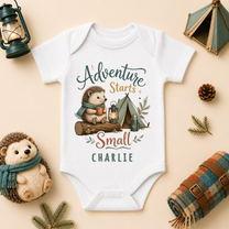 Personalised Camping Baby Vest Bodysuit, Adventure Starts Small Watercolour Hedgehog Tent