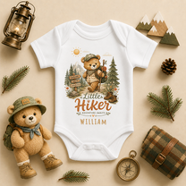 Personalised Hiking Baby Vest Bodysuit, Little Hiker Adventure Awaits Bear Backpack