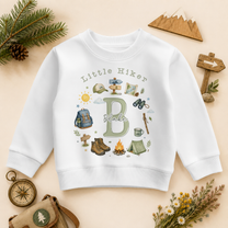 Personalised Little Hiker Camping Gear Initial Letter Kids Sweatshirt, Adventure Wreath with Name