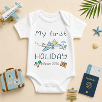 Personalised My First Holiday Baby Vest Bodysuit for Boys, Aeroplane Suitcase Travel Destination and Year