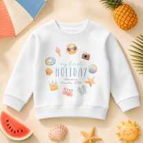 Personalised Summer Holiday Kids Sweatshirt, Watercolour Beach Icons with Name Destination and Year