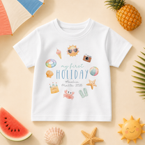 Personalised My First Holiday Kids T-Shirt, Watercolour Summer Beach Icons with Name and Destination