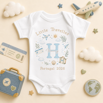 Personalised Little Traveller Baby Vest Bodysuit for Boys, Watercolour Blue Initial Aeroplane Travel Holiday Keepsake
