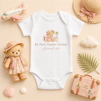 Personalised My First Summer Holiday Baby Vest Bodysuit for Girls, Watercolour Beach Bear Palm Tree Keepsake