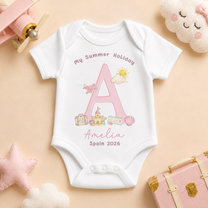 Personalised My Summer Holiday Baby Vest Bodysuit for Girls, Pastel Pink Initial Letter Watercolour Sandcastle