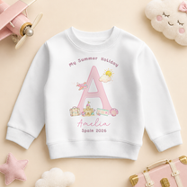 Personalised Summer Holiday Kids Sweatshirt for Girls, Watercolour Pink Initial Letter Sandcastle Aeroplane