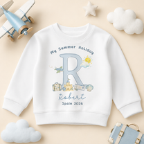 Personalised Summer Holiday Kids Sweatshirt for Boys, Watercolour Blue Initial Sandcastle Aeroplane