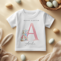 Personalised Happy Easter Pink Initial Bunny T-Shirt for Girls & Kids