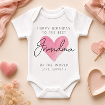 Personalised Happy Birthday Grandma Baby Vest Bodysuit for Girls, Pink Heart