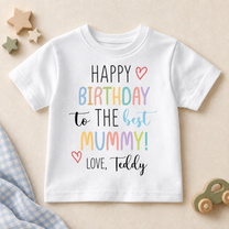 Personalised Mummy's Birthday Multicoloured Hearts T-Shirt for Kids