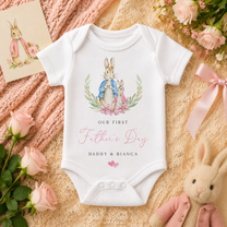 Personalised Name Baby Bodysuit 1st Father's Day Peter Rabbit Pink Floral Wreath Hearts Script for Newborn Gift