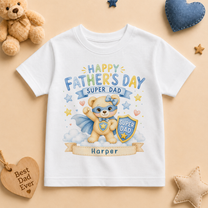 Personalised Father's Day Kids T-Shirt for Girls, Super Dad Bear Superhero with Shield