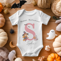 Personalised Baby Pink Initial Witch & Ghost Halloween Baby Bodysuit for Girls