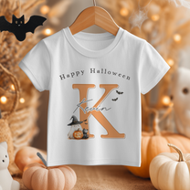 Personalised Happy Halloween Initial Ghost Witch Hat T-Shirt for Kids