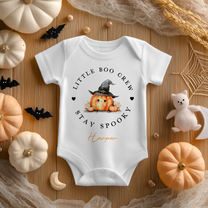 Personalised Little Boo Crew Witch Hat Pumpkin Baby Bodysuit