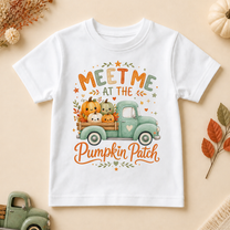 Meet Me at the Pumpkin Patch Halloween T-Shirt for Kids, Mint Truck with Cute Faces