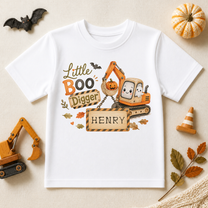 Personalised Halloween Kids T-Shirt for Boys, Little Boo Digger with Ghost Driver and Pumpkin